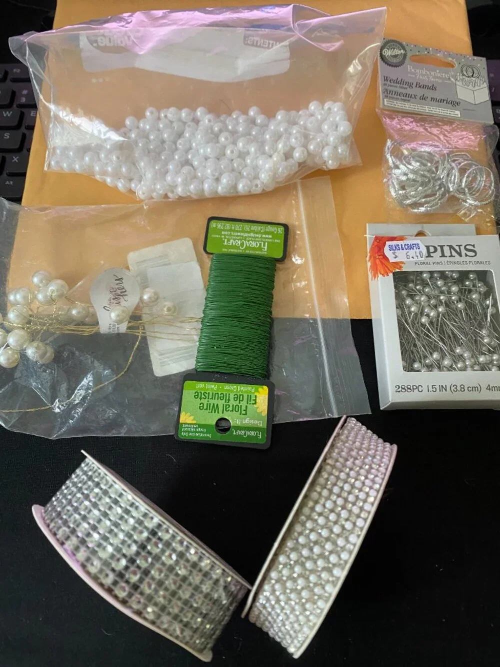 BUNDLE CRAFT SUPPLIES BOLT 100%WIRED JUTE, BEADED RIBBON, WIRE, CORSAGE PINS,ETC